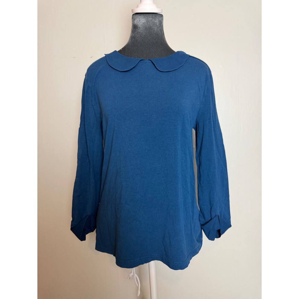 Garnet Hill Teal Blue Peter Pan Collar Long Sleeve Knit Top quiet luxury shirt